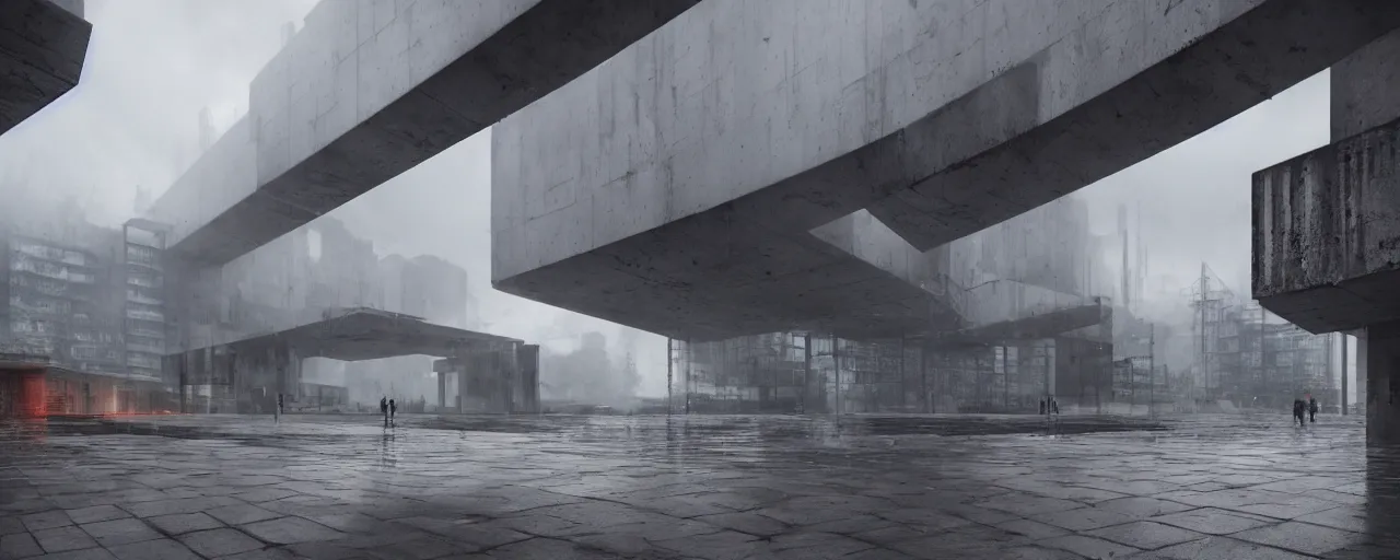 Prompt: brutalist architecture, metal, concrete, mist, rain, night, dramatic lighting, lightning bolt, trending on Artstation, 8k, highly realistic, hyper detailed, unreal engine 5, IMAX quality, photorealistic, cinematic, epic lighting, in the style of Zaha Hadid