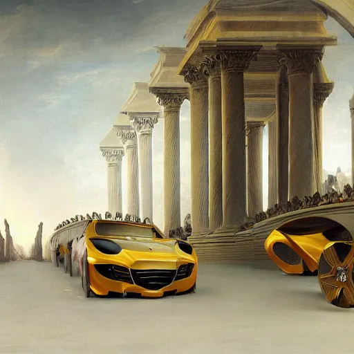 Prompt: sci-fi car dynamic organic forms structure car and wall structure in the coronation of napoleon painting by Jacques-Louis David black ceramic material shiny gloss water reflections search pinterest keyshot product render 4k