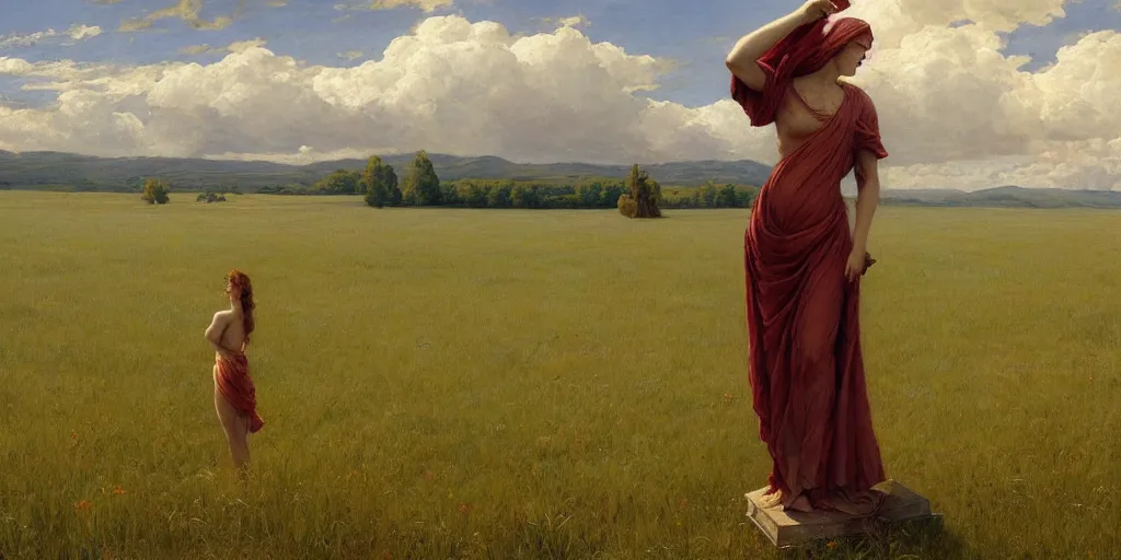 Prompt: Lone statue in a vast field by Alexander Averin and Charlie Bowater and Guillaume Seignac and Charles Edward Perugini