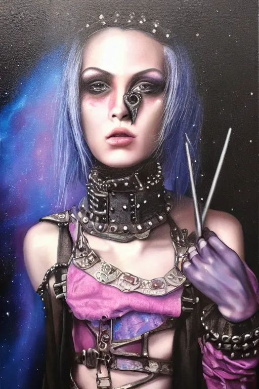 Image similar to hyperrealism oil painting, close - up portrait of punk gothic medieval brunette fashion model, knight, steel gradient mixed with nebula sky, in style of baroque