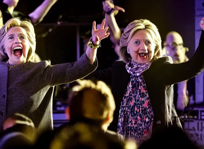 Image similar to publicity photo still of hillary clinton in a death metal band playing live on stage, 8 k, live concert lighting, mid shot