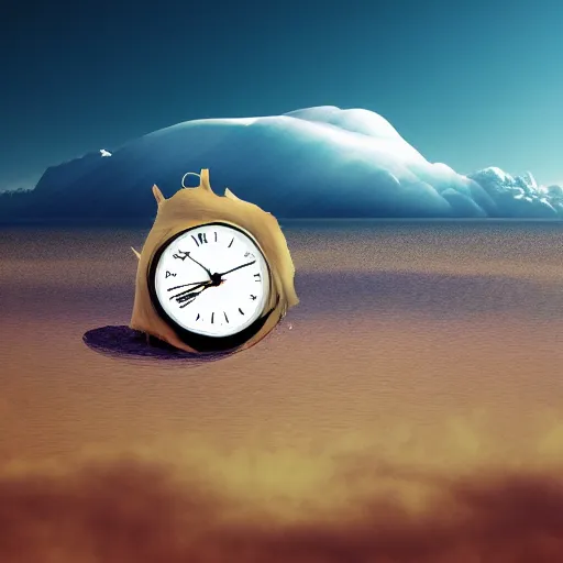 Prompt: a clock floating on an floating island, there are clouds around, it is on earth, on the background there are other floating islands too, floating at the ozone layer, cartoony, 4 k resolution, award winning