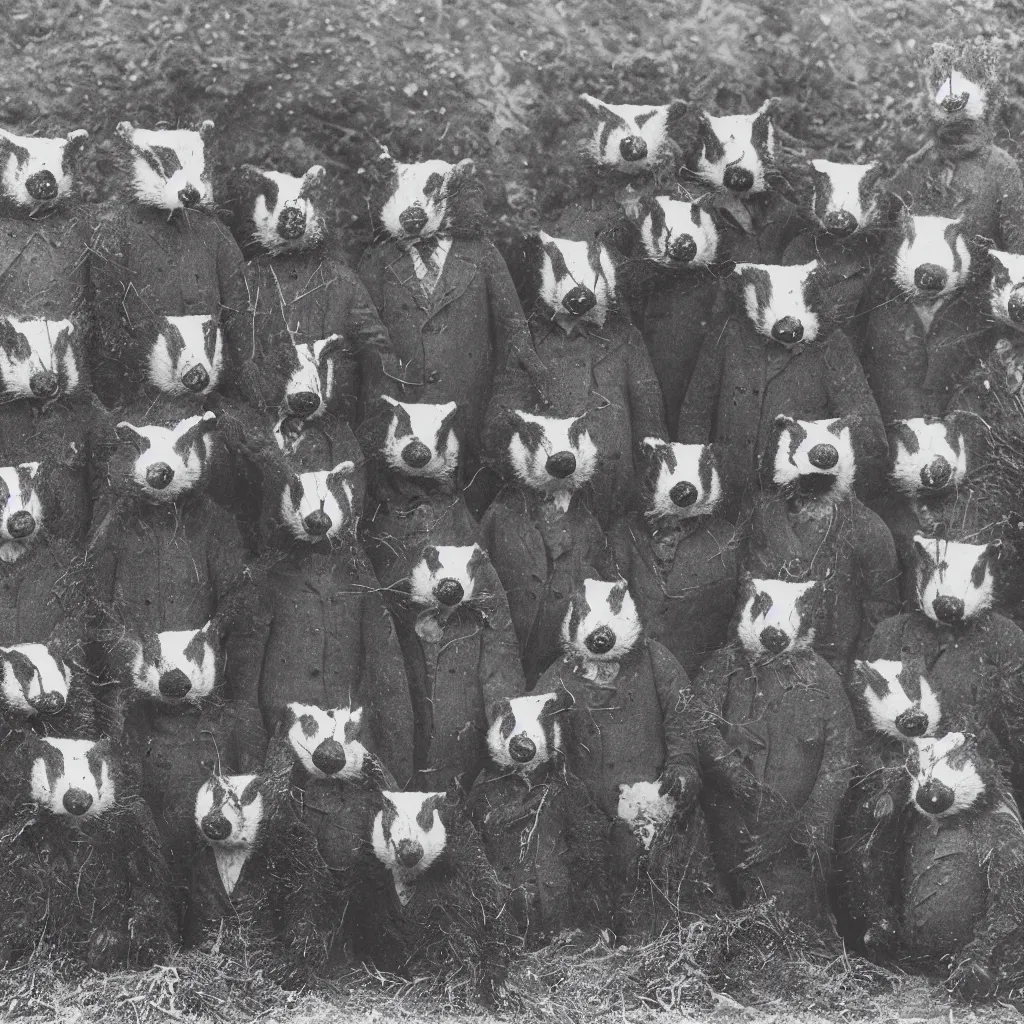 Image similar to a group of badgers with badger faces, in 1 9 4 0 s suits, standing upright like people, anthropomorphic, style of beatrix potter, digging at sutton hoo, their faces are badger's faces, rendered as a highly detailed black & white photograph