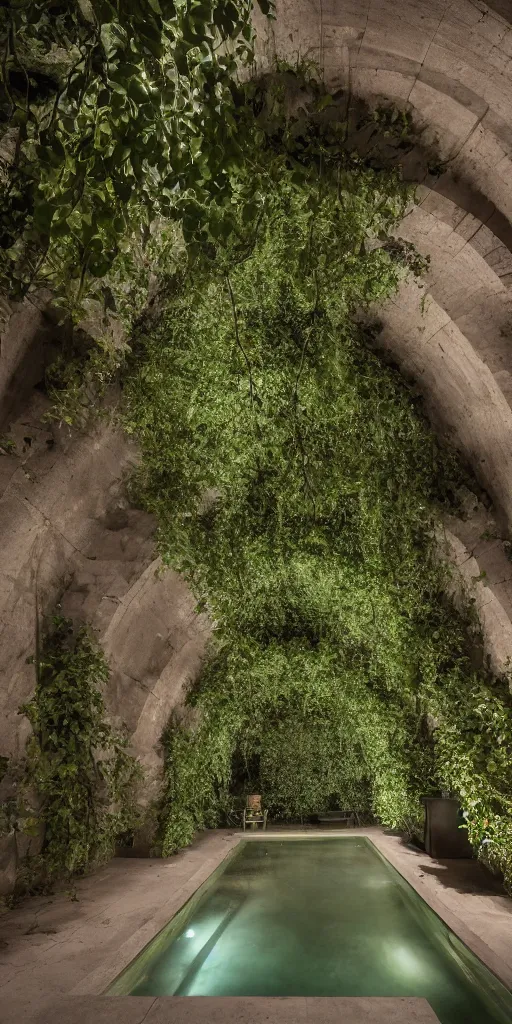 Prompt: photo inside underground arching caverns by andrew kudless. a dark green pool covers the floor. architectural photography. 4 k, 8 k. volumetric lighting. dark, somber, moody lighting. structural arch barrel vaults. ivy and many plants hanging from ceiling, weathered concrete.