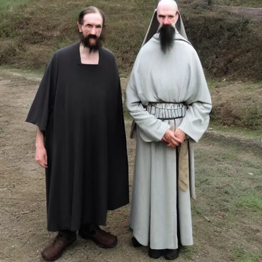 Prompt: super tall breton monks looking like rasputin, with small village woman