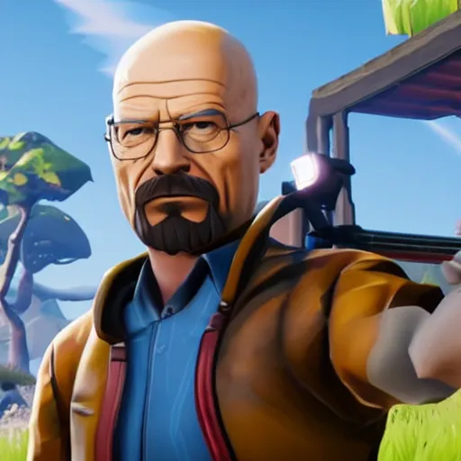 Image similar to walter white as a fortnite character, gameplay screenshot