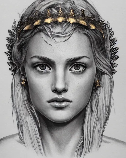 Image similar to front view of beautiful aphrodite greek goddess wearing a gold laurel wreath and triangle earrings, realism tattoo sketch, beautiful piercing eyes with sharp pupils, beautiful blonde hair, in the style of greg rutkowski, fantasy, amazing detail, epic, elegant, smooth, sharp focus