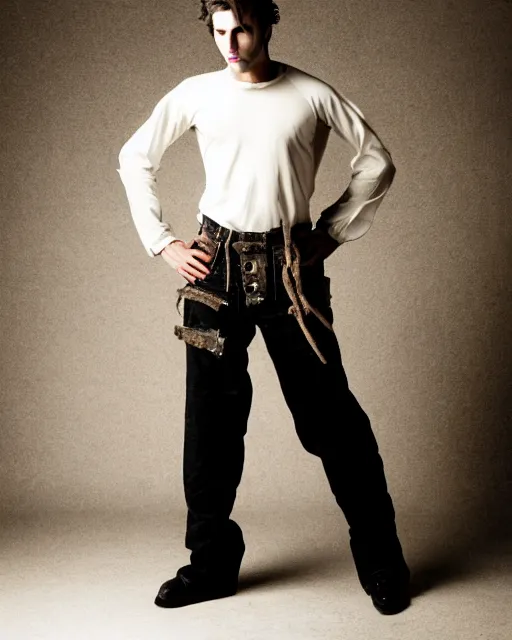 Prompt: an award - winning photo of a scary male model wearing a boot cut flared distressed medieval designer menswear trousers designed by kapital, 4 k, studio lighting, wide angle lens, 2 0 0 4