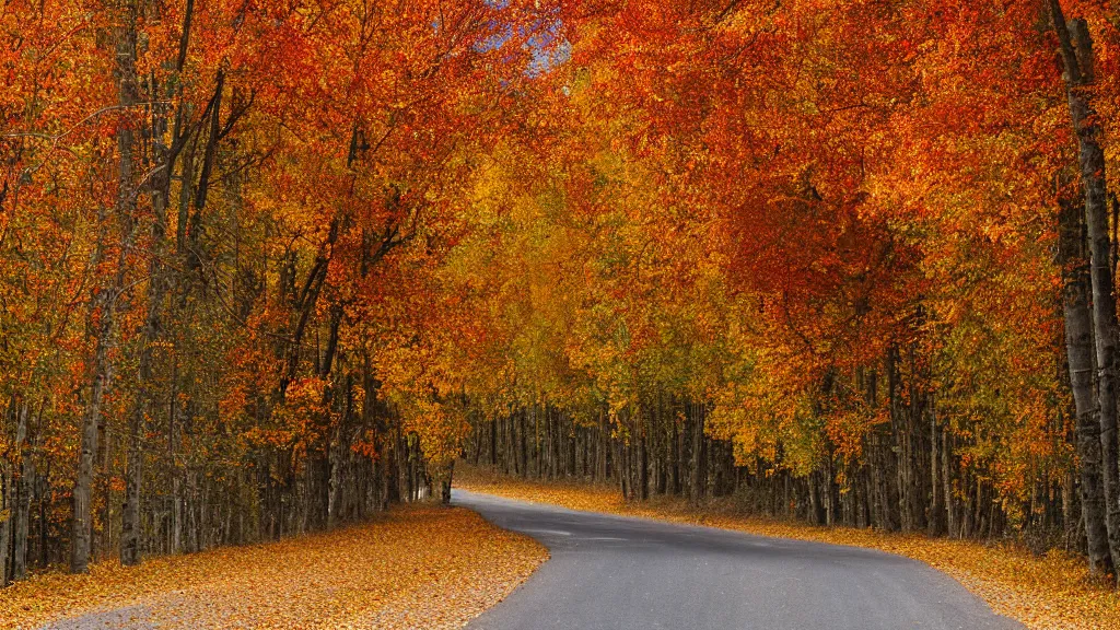 Image similar to a photograph of a country road lined on both sides by maple and poplar trees, in the autumn, red orange and yellow leaves, some leaves have fallen and are under the trees and on the road