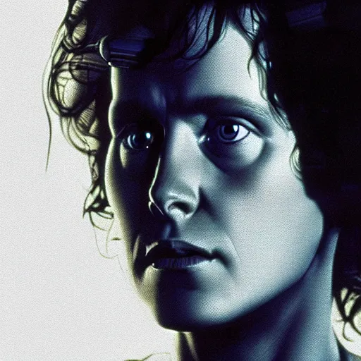 Prompt: a portrait of ellen ripley in alien, filmstill in the movie alien, ultrafine hyperdetailed illustration by kim jung gi, masterpiece. rendered in blender, smooth shadows, ultra detail, high resolution, unreal 6, 8 k