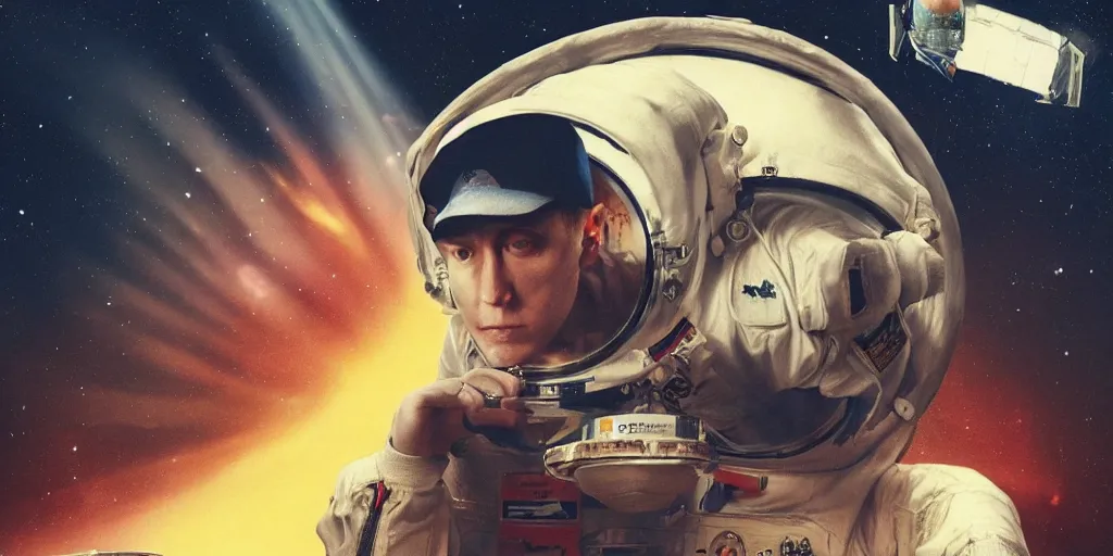 Prompt: vintage 8 - mile movie poster with eminem as an astronaut having tea while a rick roll is on the telly by makoto shinkai takashi takeuchi yoshiyuki sadamoto greg rutkowski chiho aoshima, sharp focus, trending on artstation, cinematic lighting, hyper realism, octane render, 8 k, hyper detailed.