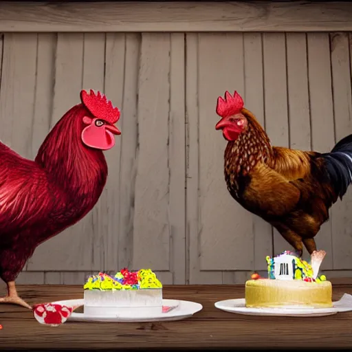 Prompt: realistic true to life photo in a barnyard where 1 rooster and 1 light yellow baby chick pick at a birthday cake