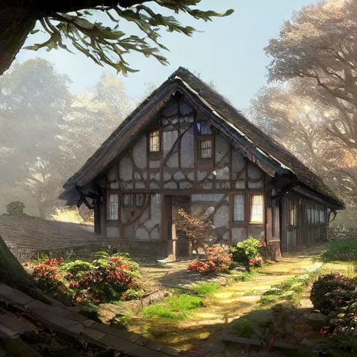 Image similar to concept art painting of an english european cottage with japanese architecture, in the woods, cozy, realistic, detailed, cel shaded, in the style of makoto shinkai and greg rutkowski and james gurney