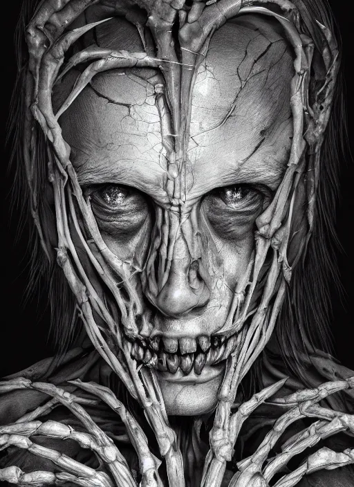 Image similar to Ghostemane with translucent skin, visible muscles and veins and arteries and bones and spines and nerves, beautiful detailed intricate insanely detailed octane render, 8k artistic photography, photorealistic, chiaroscuro, by David Cronenberg, Raphael, Caravaggio