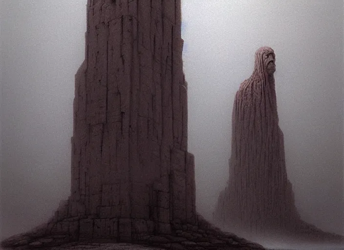 Image similar to painting of omniscient tall statues of gods towering above a hopeless person, by zdzislaw beksinski, by dariusz zawadzki, by wayne barlowe, gothic, surrealism, cosmic horror, lovecraftian, cold hue's, warm tone gradient background, concept art, beautiful composition