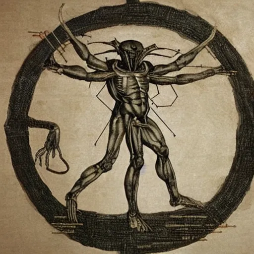 Image similar to a diagram of a xenomorph in the style of leonardo da vinci's vitruvian man