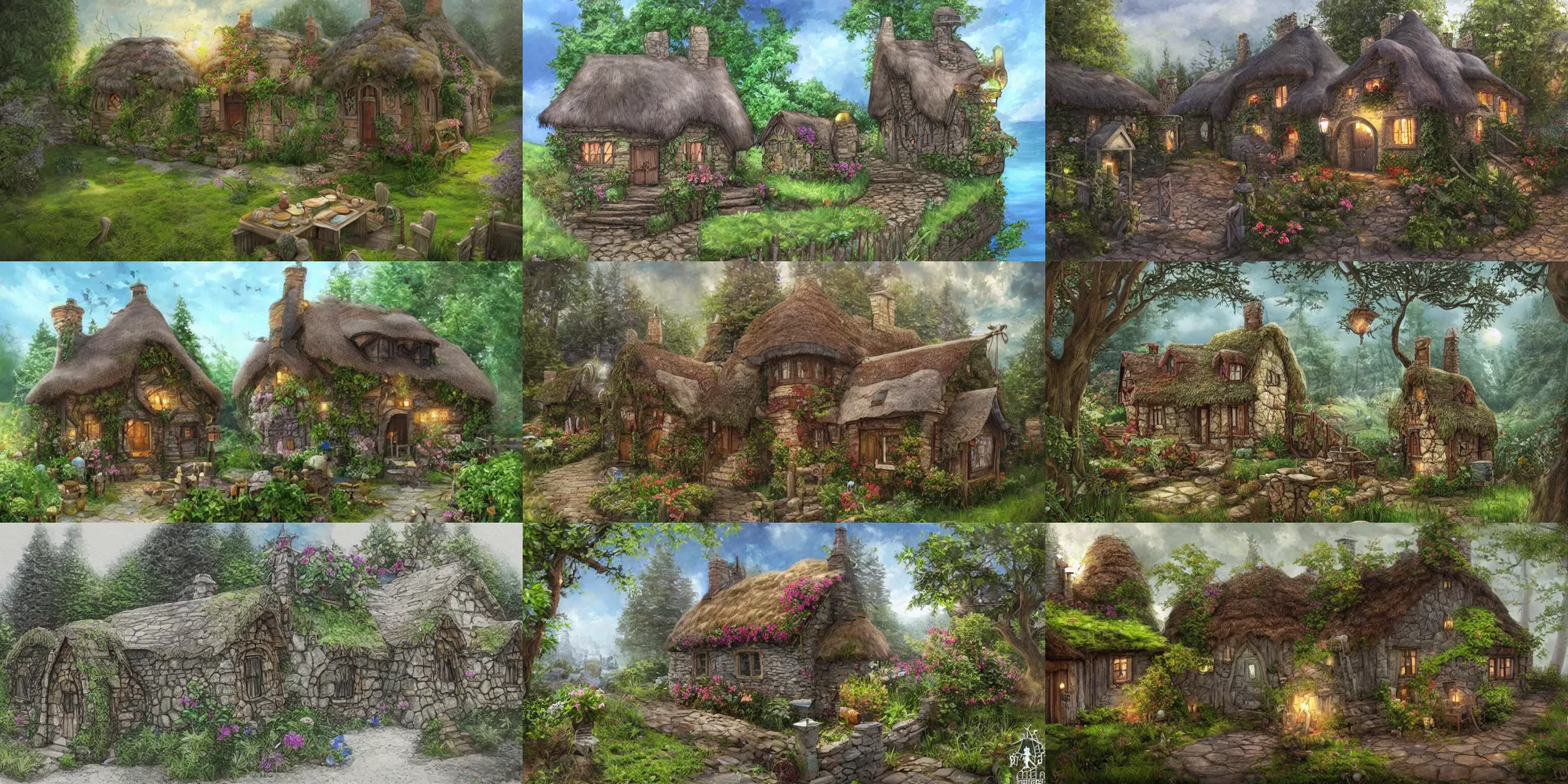 Prompt: highly realistic and detailed artist style of a magical fantasy cottage on an ( ( ( ( ( island ) ) ) ) )