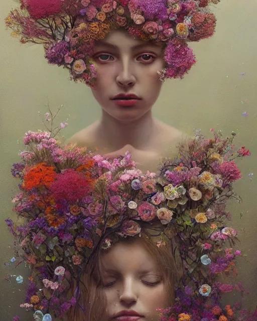 Prompt: a painting of a young woman surrounded by flowers, a surrealist painting by yoann lossel, trending on cgsociety, pop surrealism, made of flowers, cosmic horror, lovecraftian