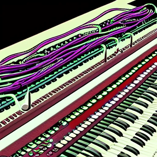 Prompt: illustration of octopus tentacles on a moog system 100 modular synth