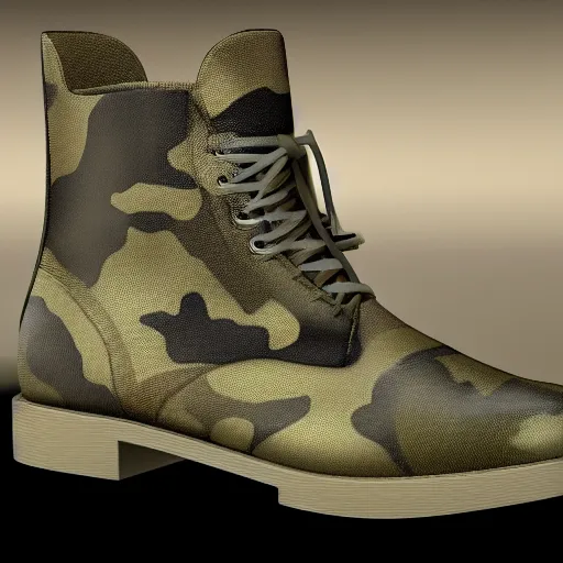 Prompt: hyper realistic complex 3 d the flat head boots, camo, blender, lightning wide shot