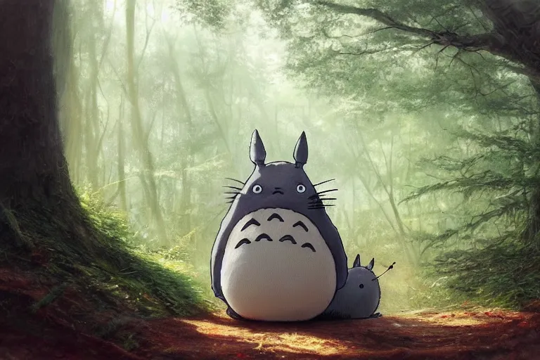 Image similar to photorealistic Totoro sitting in a forest, fantasy, illustrated by Greg Rutkowski and Caspar David Friedrich, high detail, god rays, Trending on artstation, artstationHD, artstationHQ