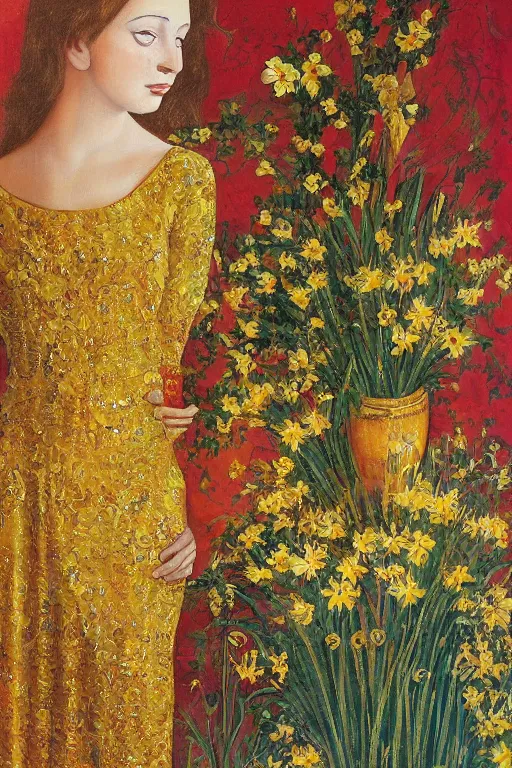 Image similar to girl waer detailed golden arabesque dress with a lot of narcissus in persian pot, painting by alberto mielgo