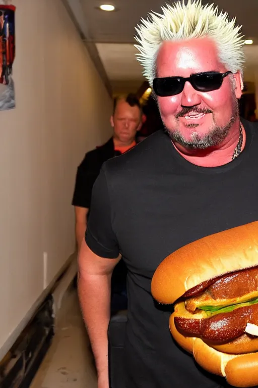 Prompt: a grainy photo of Guy Fieri standing in a hallway holding an enormous hot dog in a bun