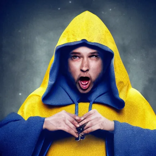 Image similar to award - winning. hyper - realistic. cinematic. 4 k. a person wearing hooded frayed yellow robes casting a spell while yellow magic runes float behind them. dark background