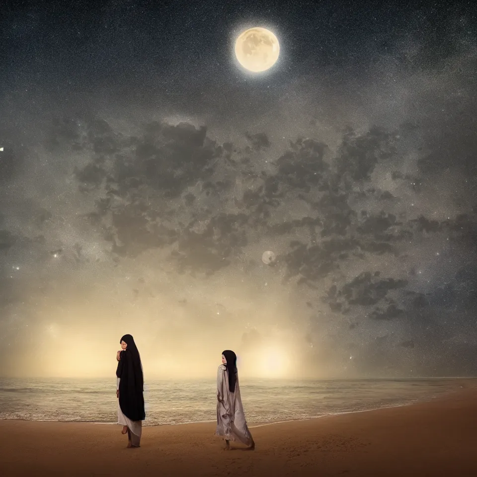 Image similar to young arabian woman standing on the beach at night with the moon above and the galaxy visible, masterful intricate artwork, high detail 8 k
