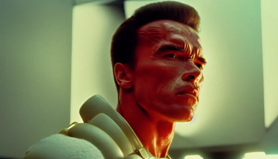 Prompt: 1 9 6 0 s movie still of arnold schwarzenegger, 2 0 0 1 a space odyssey, cinestill 8 0 0 t 3 5 mm, high quality, heavy grain, high detail, panoramic, cinematic composition, dramatic light, ultra wide lens, anamorphic, flares