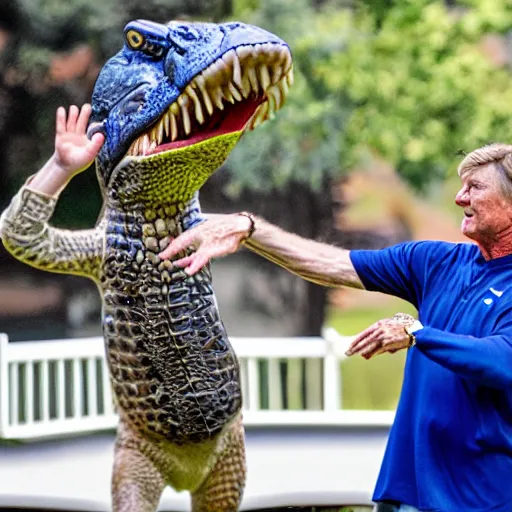 Image similar to Steve Spurrier dancing with an alligator, high detail, photo realistic, rendered 8k