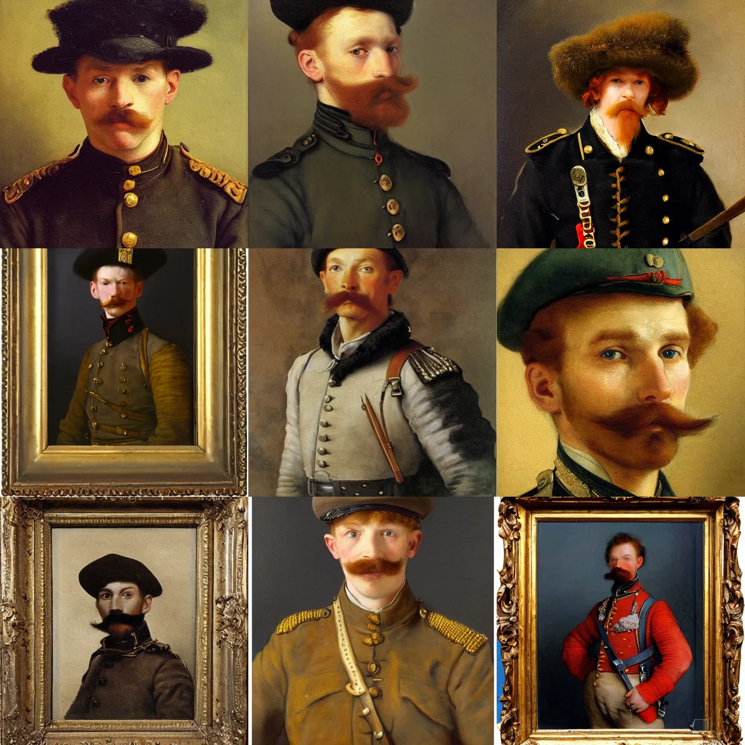 Prompt: late 1 9 th century, austro - hungarian!!! soldier ( handsome, 2 7 years old, redhead ( ( ( michał zebrowski ) ) ) with a small mustache ). old, detailed, hyperrealistic, 1 9 th century, full length, oil painting by rembrandt, van dyck, munkacsi