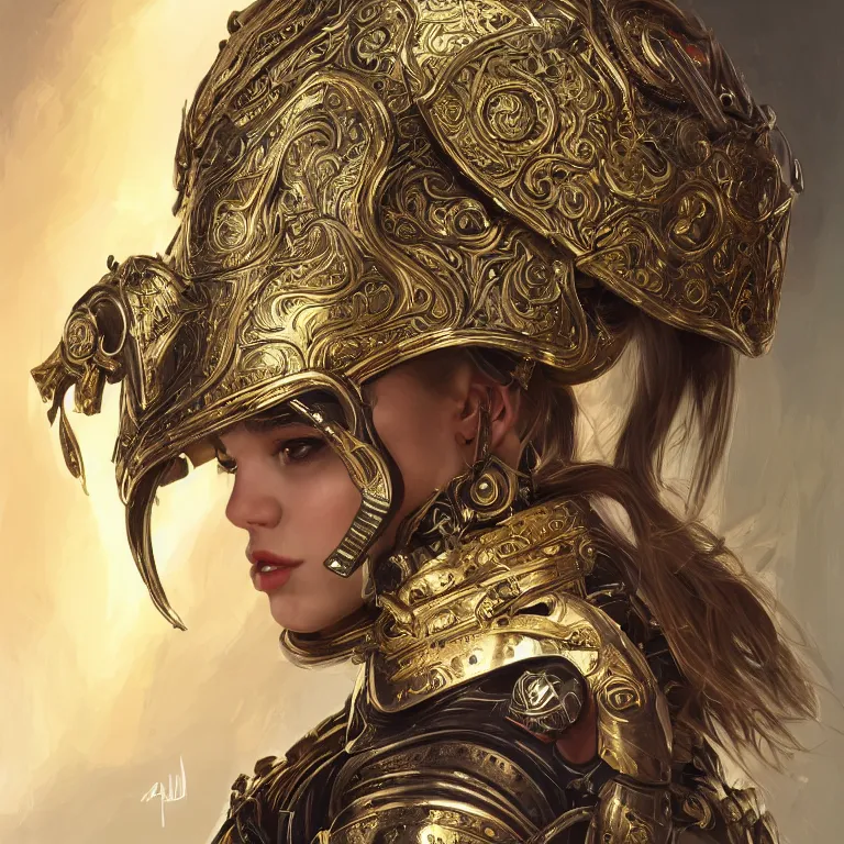 Prompt: a portrait of an attractive young female, ornate metallic helmet, clothed in battle armor, olive skin, long dark hair, beautiful bone structure, symmetrical facial features, intricate, elegant, highly detailed, digital painting, trending on Artstation, concept art, smooth, sharp focus, illustration, in the style of artgerm and greg rutkowski and alphonse mucha