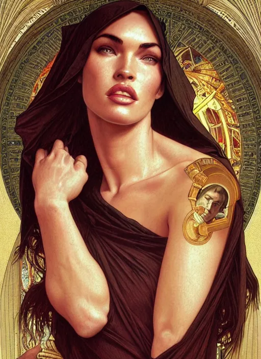 Image similar to portrait of megan fox as a sultry nun, catholic, church, bible, christian, intricate, headshot, highly detailed, digital painting, artstation, concept art, sharp focus, cinematic lighting, illustration, art by artgerm and greg rutkowski, alphonse mucha, cgsociety