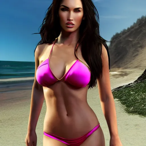 Prompt: full body 3 d render megan fox in bikini run on beach