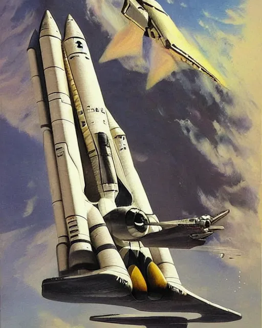 Prompt: a painting of a space shuttle and a space shuttle, concept art frank frazetta and jean giraud and dariusz zawadzki, trending on pinterest, space art, sci - fi, concept art, redshift