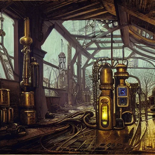 Prompt: painting of hr giger scifi organic shaped gas station with ornate metal work lands on a farm, fossil ornaments, volumetric lights, purple sun, andreas achenbach