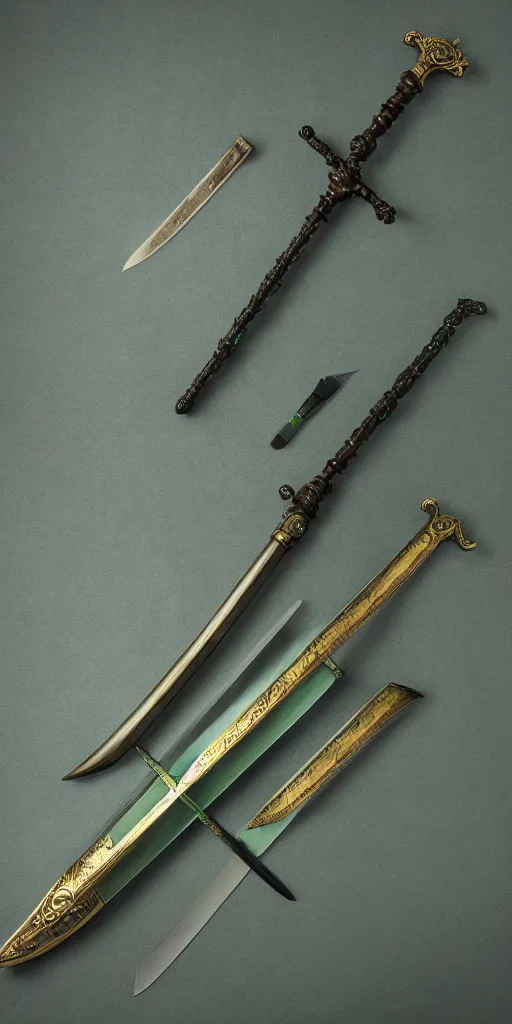 Image similar to photograph of a wide green and teal crystal double - edged sword blade attached to a big gold sword hilt