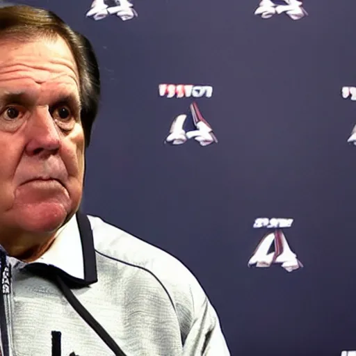 Image similar to Coach Belichick with a robotic face talking to the media