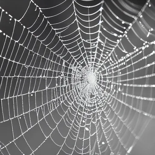 Prompt: dewdrops on spiderweb, award winning black and white photography