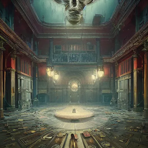 Image similar to eldritch legislature, fantasy, realistic colorful photography, interior, hyperrealism, incredible, award - winning photography, regal, rich colors, by greg rutkowski, lovecraftian