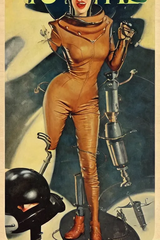 Image similar to 5 0 s pulp scifi fantasy illustration full body portrait elegant slim mature woman in leather spacesuit, dynamic, by norman rockwell, roberto ferri, daniel gerhartz, edd cartier, jack kirby, howard v brown, ruan jia, tom lovell, frank r paul, dean cornwell, astounding stories, amazing, fantasy, other worlds