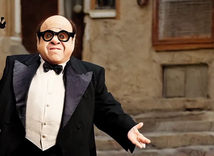 Image similar to film still of Danny Devito as Mr Mistoffelees in Cats, 4k