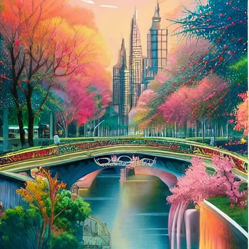 Image similar to Beautiful city of the future in harmony with nature. Nice colour scheme, soft warm colour. Beautiful detailed painting by Lurid. (2022)