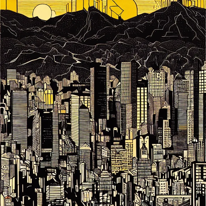 Image similar to cityscape surrounded by mountains by dan mumford and peter doig and edward hopper, symmetrical, minimal, black ink, thick lines highly detailed, muted colours 8 k