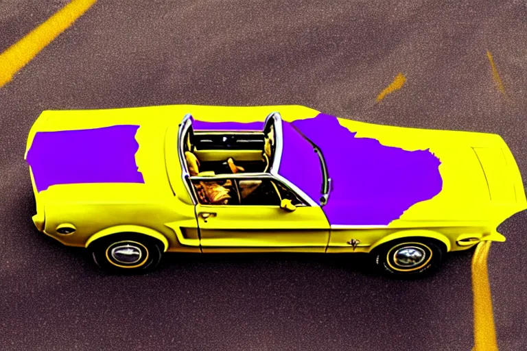 Prompt: purple mustang covered in mustard on a film strip road