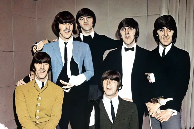 Image similar to james bond and the beatles, color photograph, 1 9 6 0 s