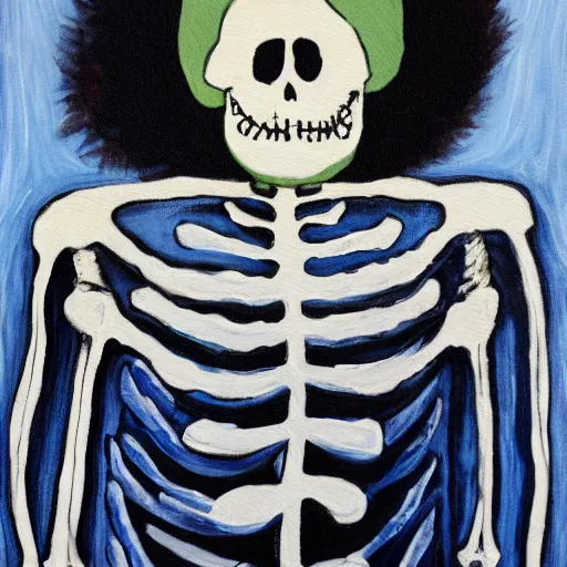 Image similar to smiling skeleton with puffy blue jacket, painting