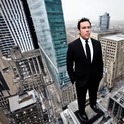 Image similar to Clean-shaven Jon Favreau wearing a black suit and black necktie and black dress shoes is climbing up a tall building in an urban city. The sky is filled with dark clouds and the mood is ominous.