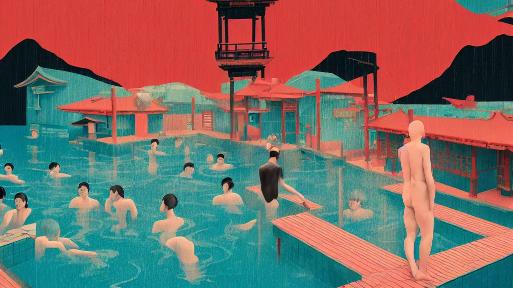 Image similar to japan onsen, a collage painting, in the style of wes anderson, lola dupre, david hockney, isolated on negative space background dark monochrome neon spraypaint accents volumetric octane render